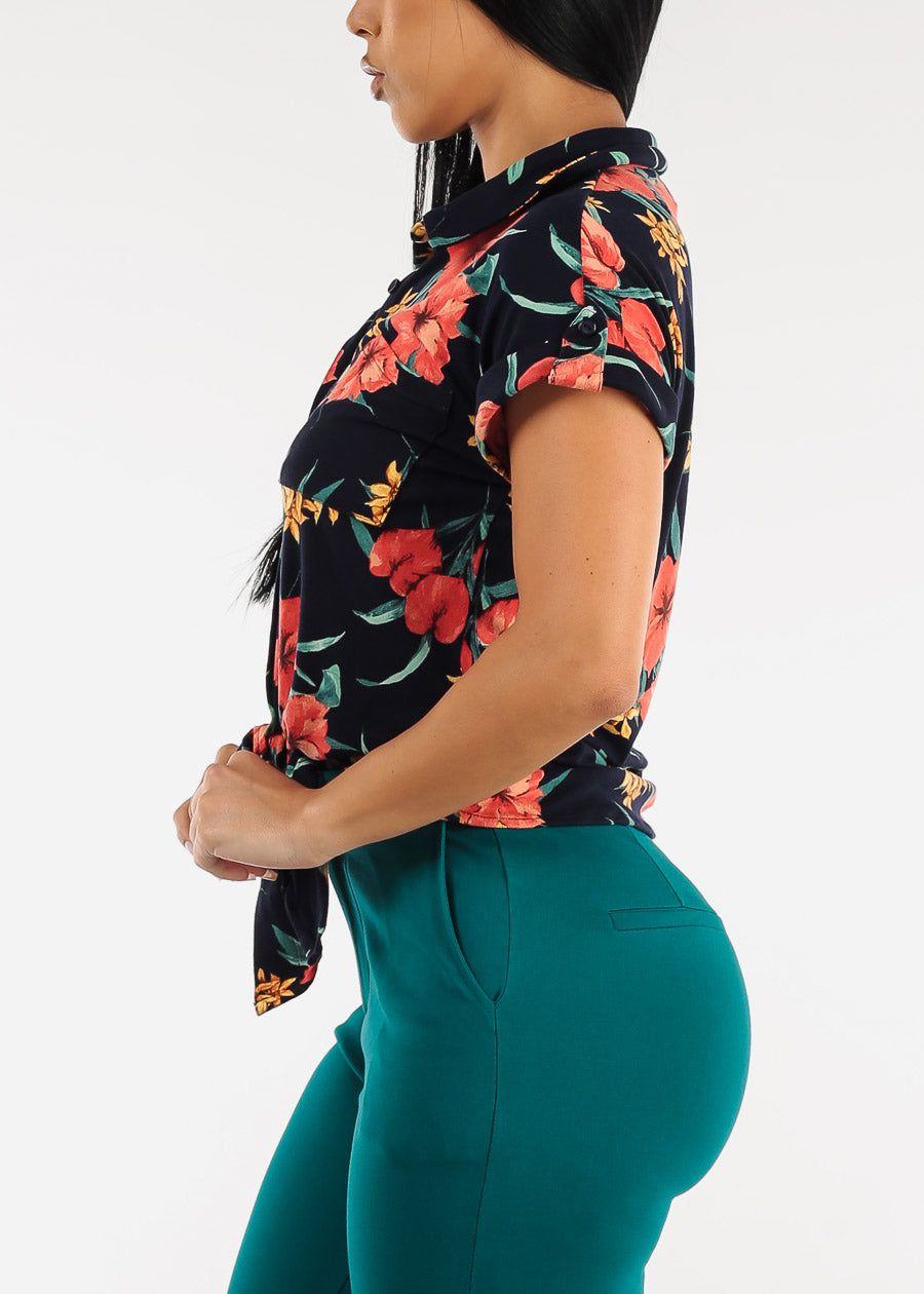 Short Sleeve Tie Front Button Up Floral Shirt Navy sold by Moda product image thumbnail 3