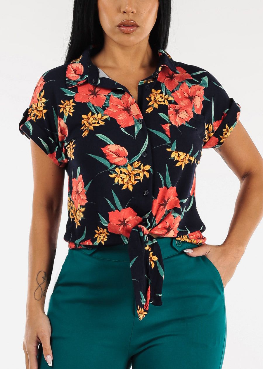 Short Sleeve Tie Front Button Up Floral Shirt Navy sold by Moda