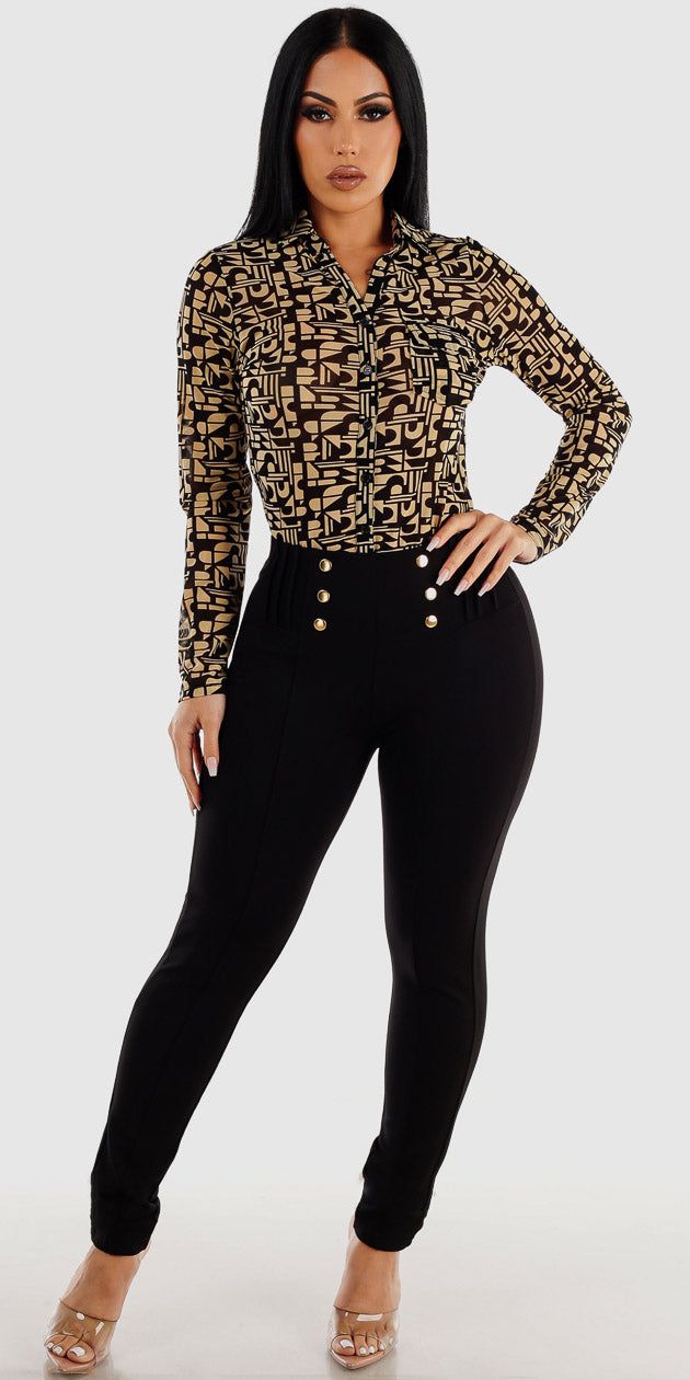Black High Waisted Dressy Skinny Pants with Khaki Long Sleeve Printed Button Up Shirt sold by Moda