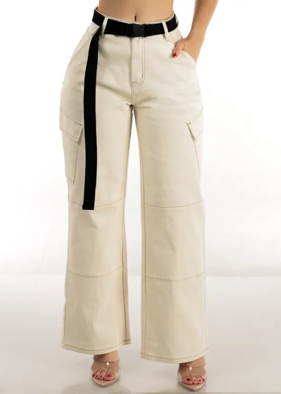 High Waist Straight Wide Leg Ivory Cargo Pants w Belt sold by Moda