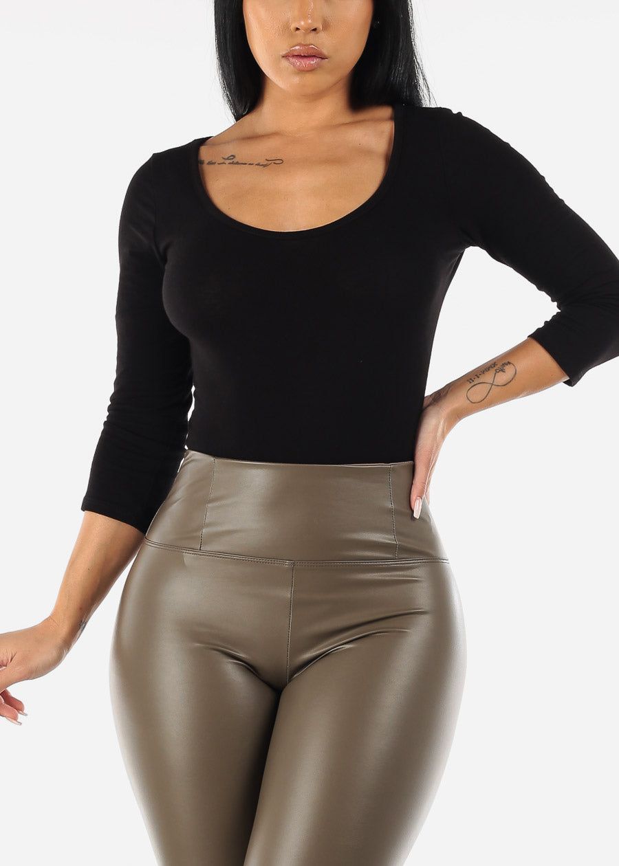 Black Scoop Neck Thong Bodysuit sold by Moda