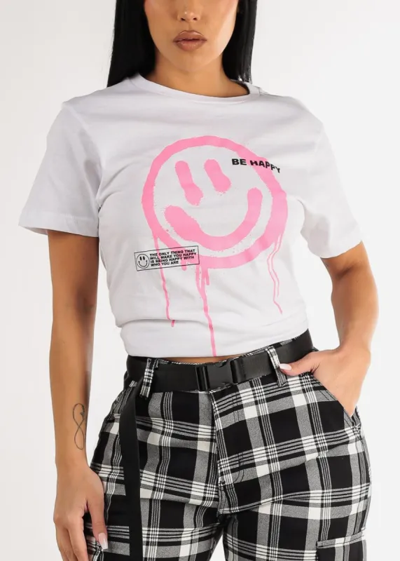 White Short Sleeve Be Happy Graphic Tee sold by Moda