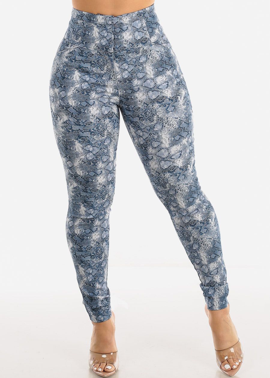 Super High Waist Snake Print Dressy Skinny Pants Blue sold by Moda