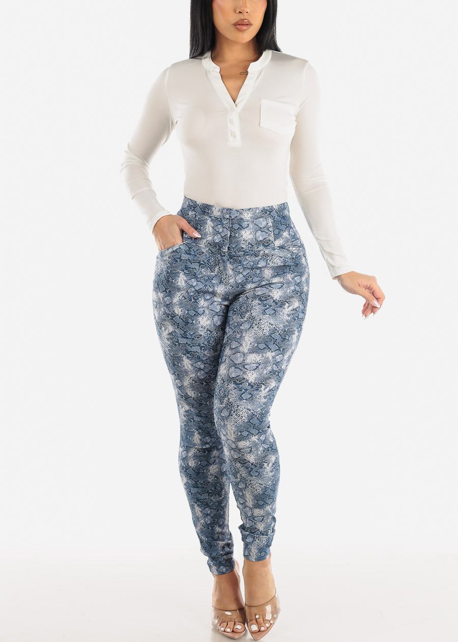 Super High Waist Snake Print Dressy Skinny Pants Blue sold by Moda product image thumbnail 2