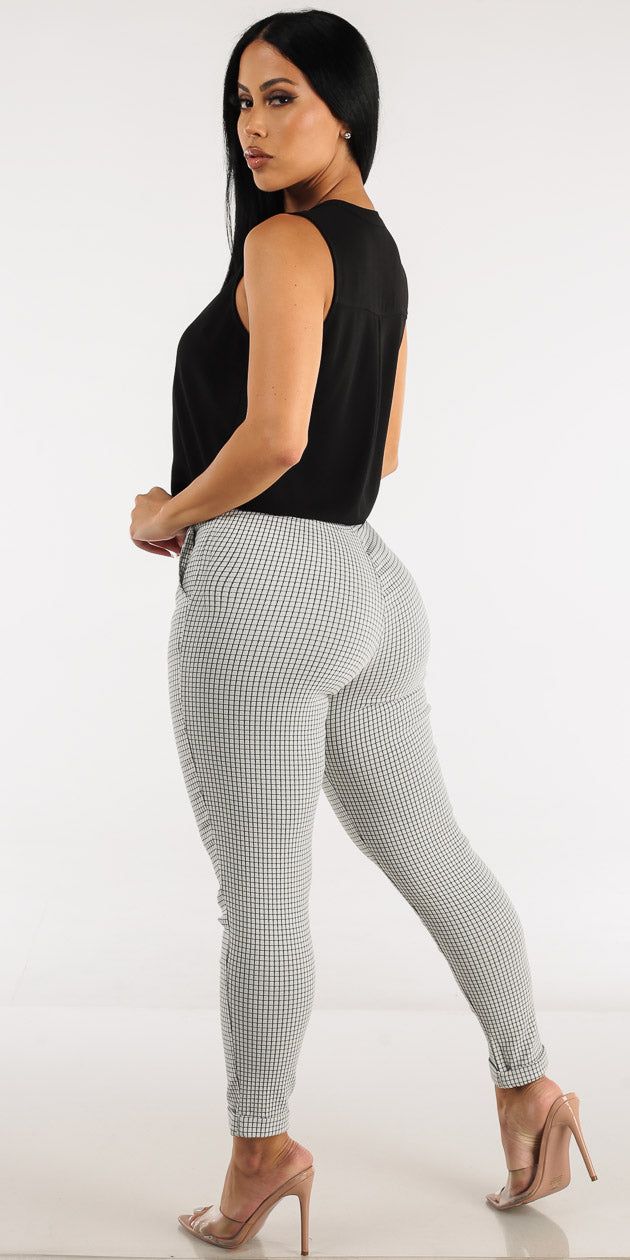 Drawstring Waist White Printed Dressy Pants with Sleeveless Vneck Black Blouse sold by Moda product image thumbnail 2
