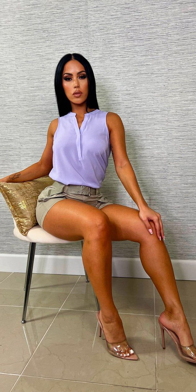 Belted Khaki Utility Cargo Shorts with Lilac Sleeveless Half Button Up Blouse sold by Moda