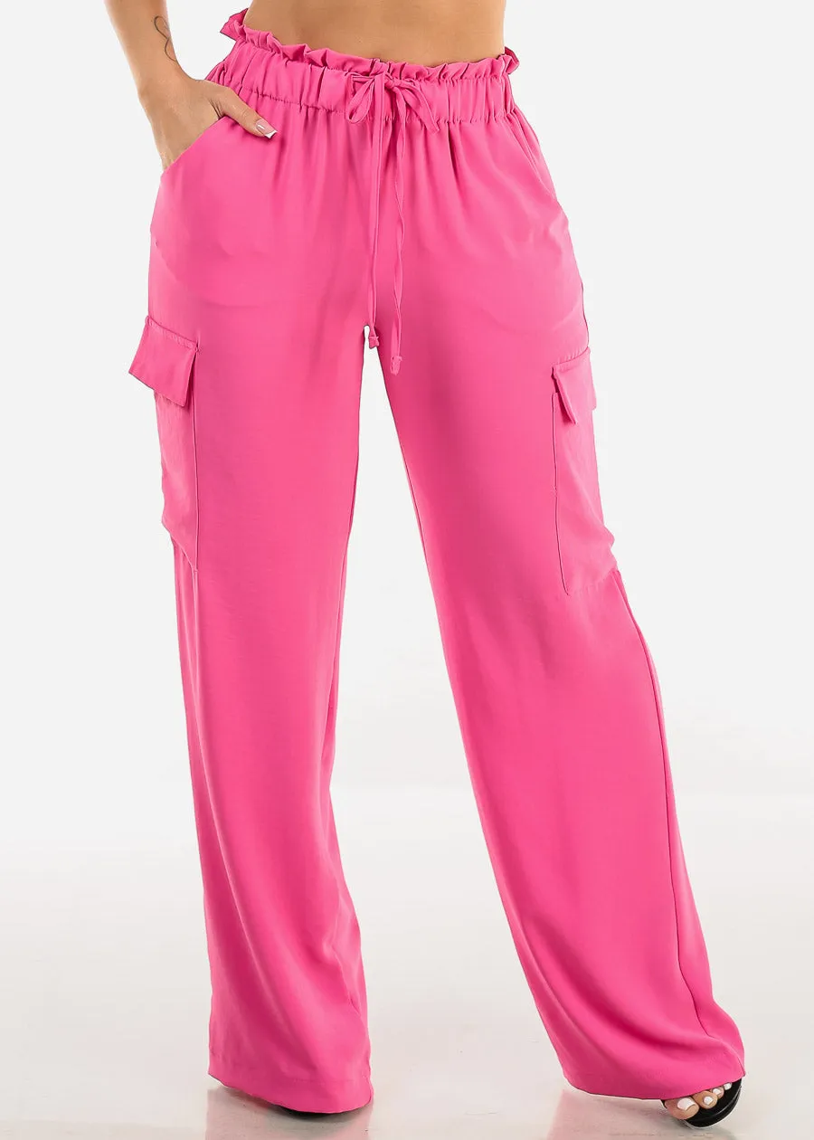 High Drawstring Waist Wide Leg Cargo Pants Fuchsia sold by Moda