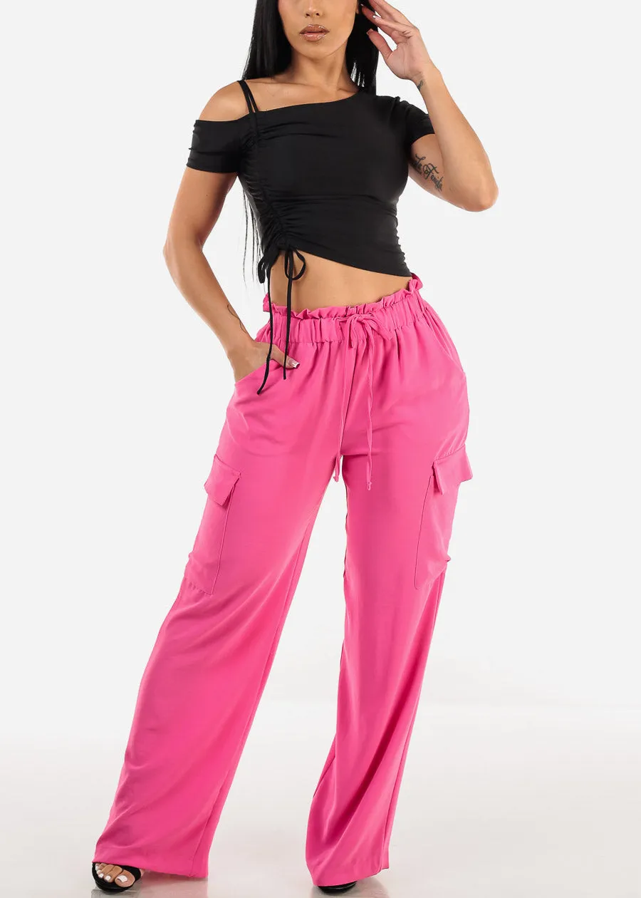 High Drawstring Waist Wide Leg Cargo Pants Fuchsia sold by Moda product image thumbnail 2