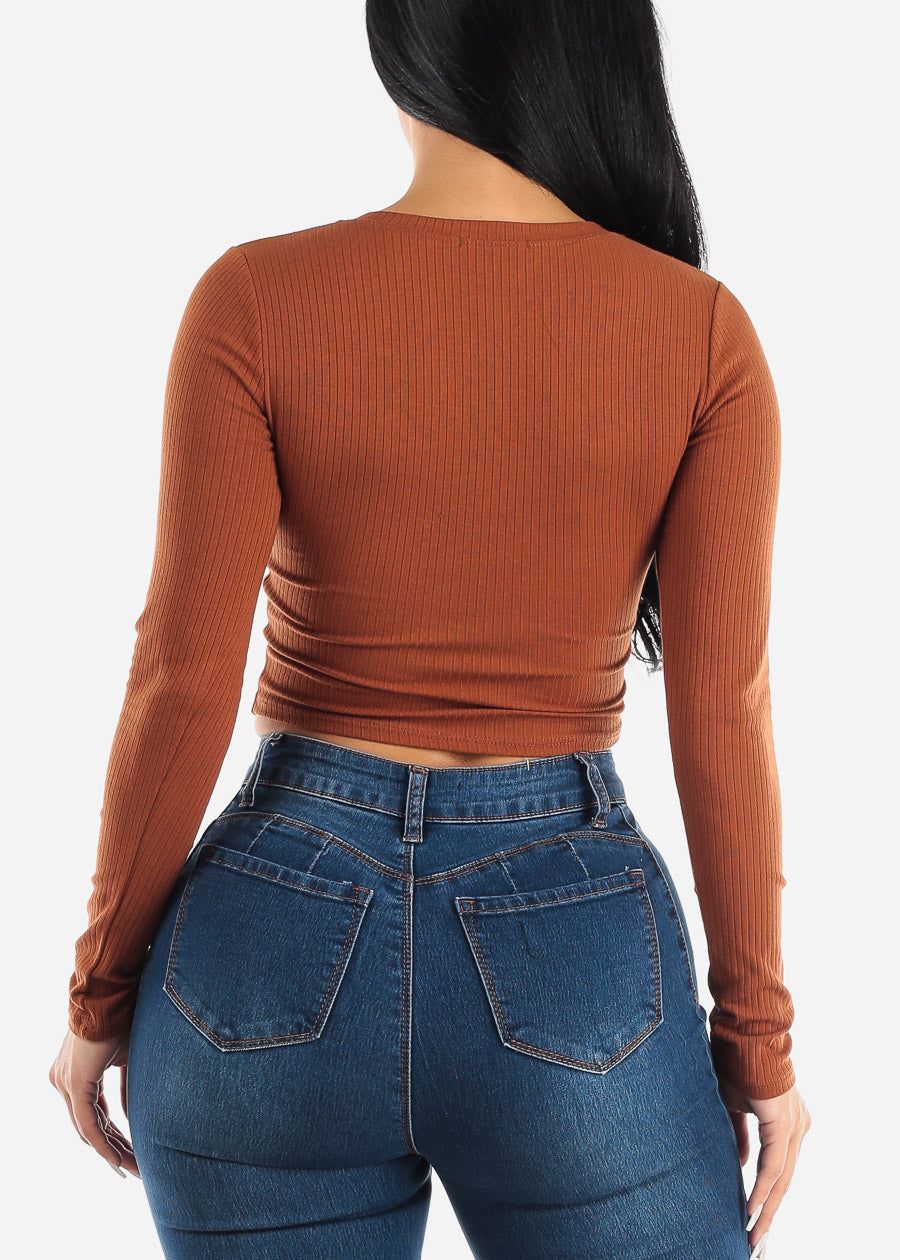 Vneck Long Sleeve Ribbed Crop Top Brown sold by Moda product image thumbnail 5