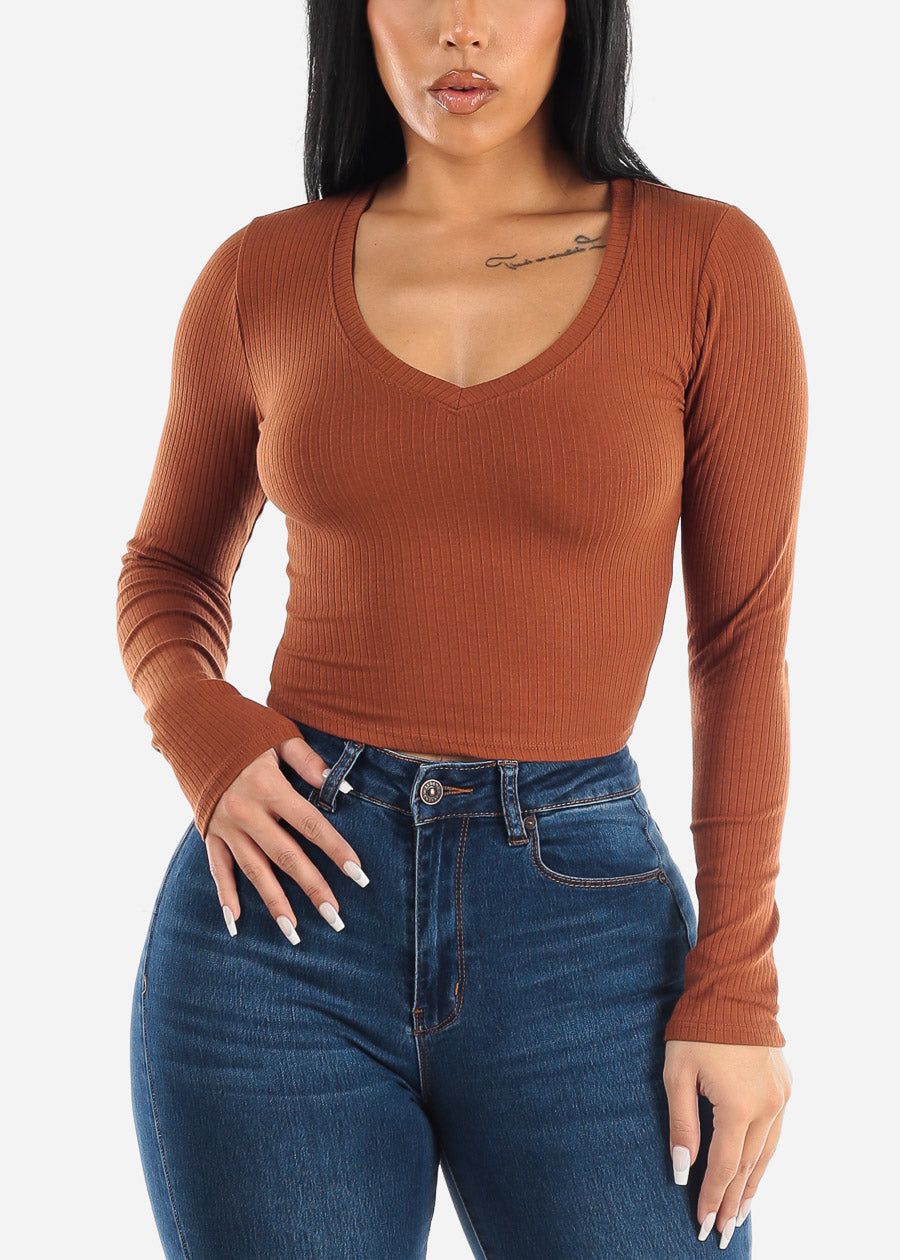 Vneck Long Sleeve Ribbed Crop Top Brown sold by Moda product image thumbnail 3