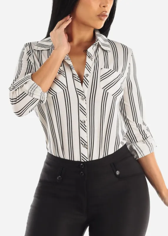 White Long Sleeve Button Up Stripe Shirt sold by Moda