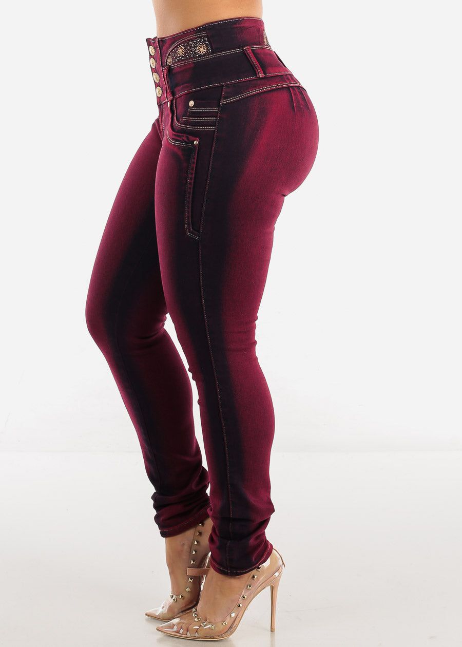 MX JEANS Embroidered Back Butt Lifting Skinny Jeans Burgundy sold by Moda product image thumbnail 5