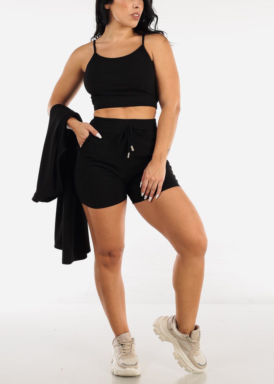 Black Sleeveless Cardigan, Cropped Tank Top & Shorts (3 PCE SET) sold by Moda product image thumbnail 2