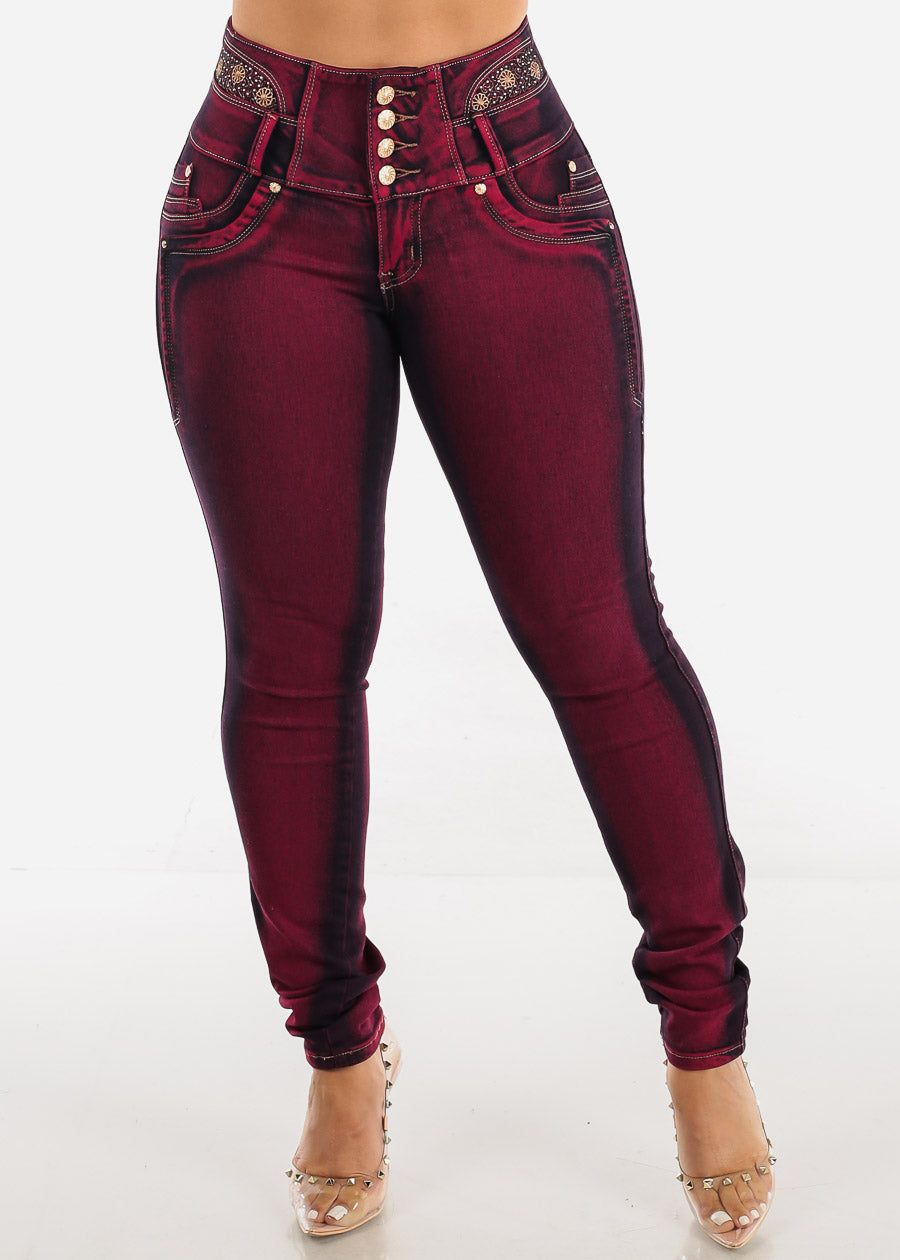 MX JEANS Embroidered Back Butt Lifting Skinny Jeans Burgundy sold by Moda product image thumbnail 4