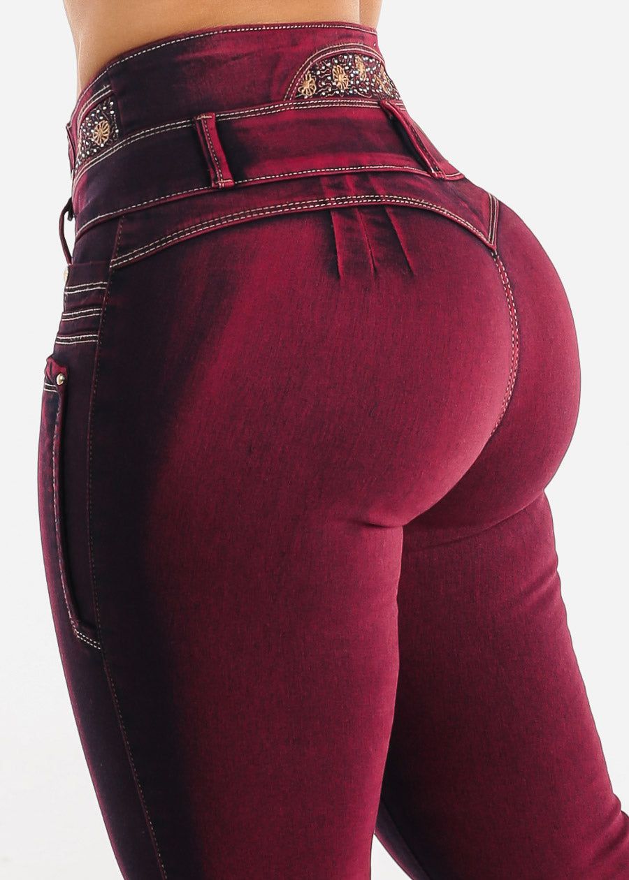 MX JEANS Embroidered Back Butt Lifting Skinny Jeans Burgundy sold by Moda