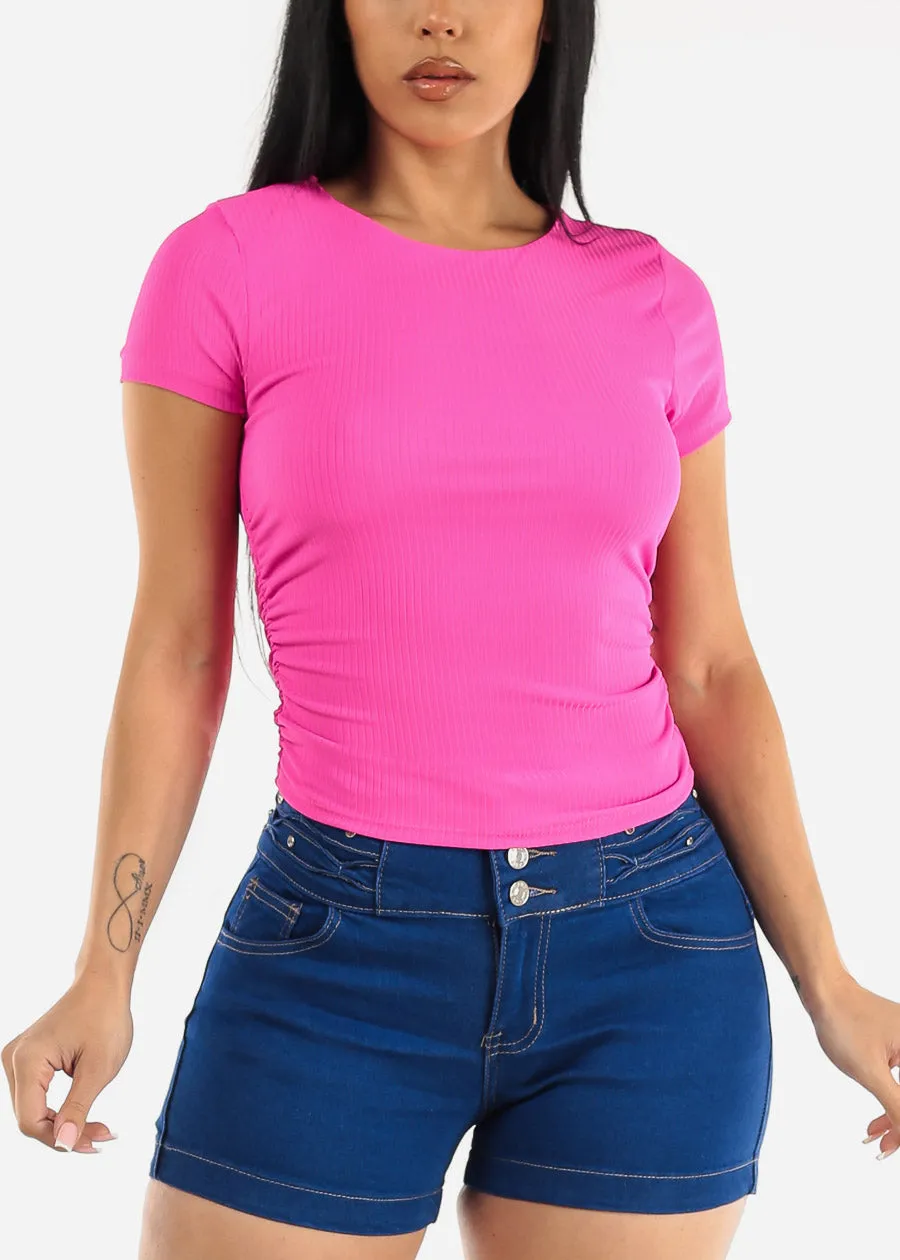 Short Sleeve Crewneck Ruched Top Pink sold by Moda