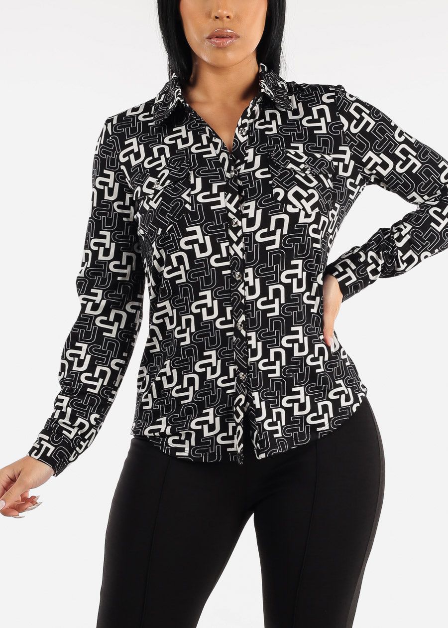 Long Sleeve Button Down Printed Blouse Black sold by Moda product image thumbnail 3