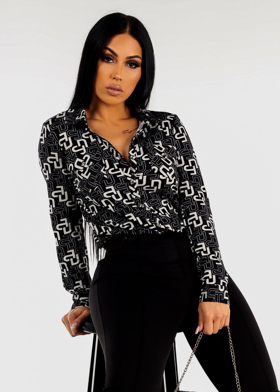 Long Sleeve Button Down Printed Blouse Black sold by Moda