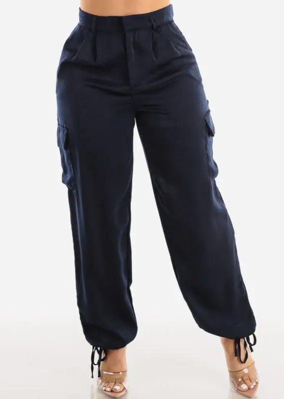 Silky Navy High Waist Drawstring Hem Cargo Pants sold by Moda