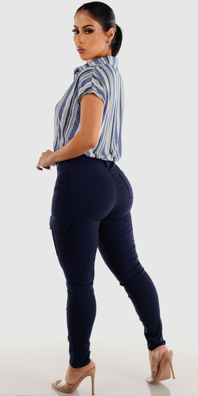 Hyper Stretch Navy Cargo Skinny Pants with Short Sleeve Navy Stripe Shirt sold by Moda product image thumbnail 2