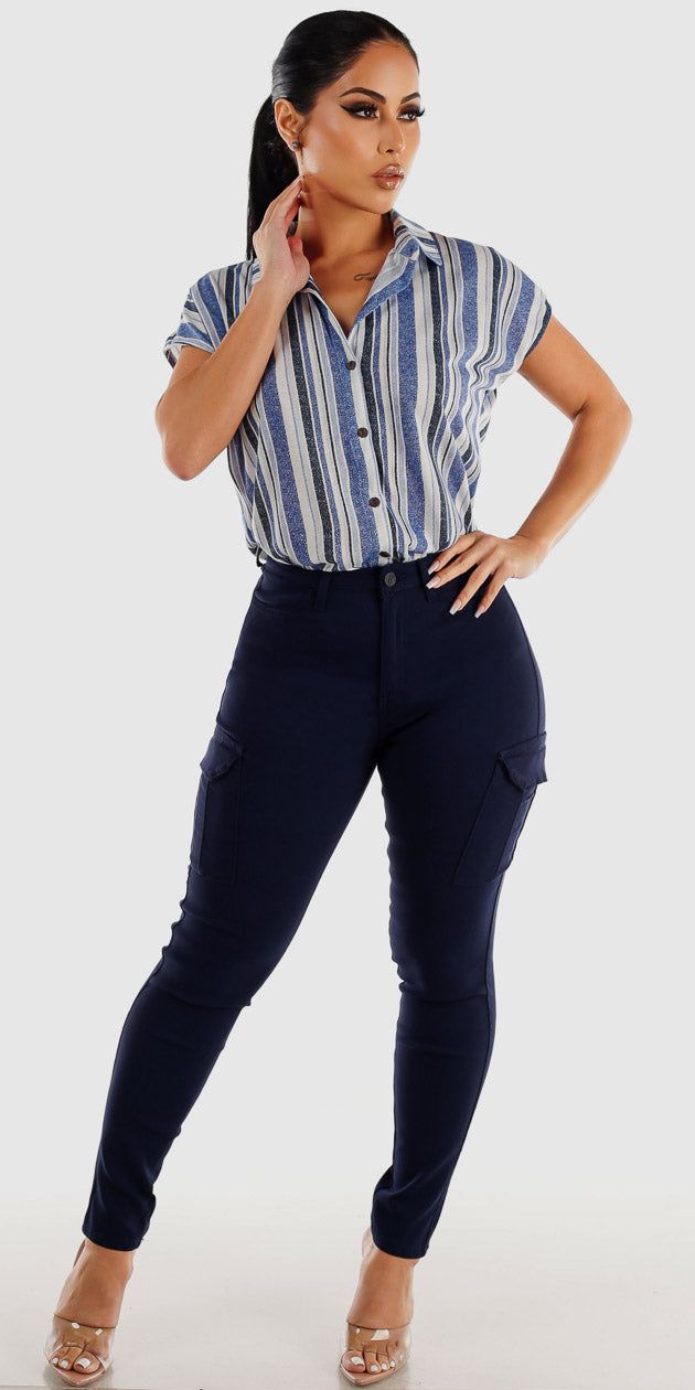 Hyper Stretch Navy Cargo Skinny Pants with Short Sleeve Navy Stripe Shirt sold by Moda