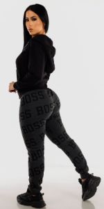 High Rise Charcoal Printed Fleece Jogger Sweatpants with Black Zip Up Long Sleeve Hoodie sold by Moda