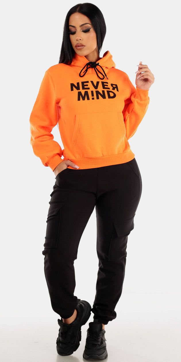 Black Drawstring Waist Cargo Jogger Pants with Neon Orange Graphic Print Fleece Pullover Hoodie sold by Moda