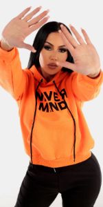 Black Drawstring Waist Cargo Jogger Pants with Neon Orange Graphic Print Fleece Pullover Hoodie sold by Moda