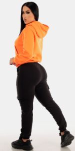 Black Drawstring Waist Cargo Jogger Pants with Neon Orange Graphic Print Fleece Pullover Hoodie sold by Moda