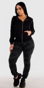 High Rise Charcoal Printed Fleece Jogger Sweatpants with Black Zip Up Long Sleeve Hoodie sold by Moda