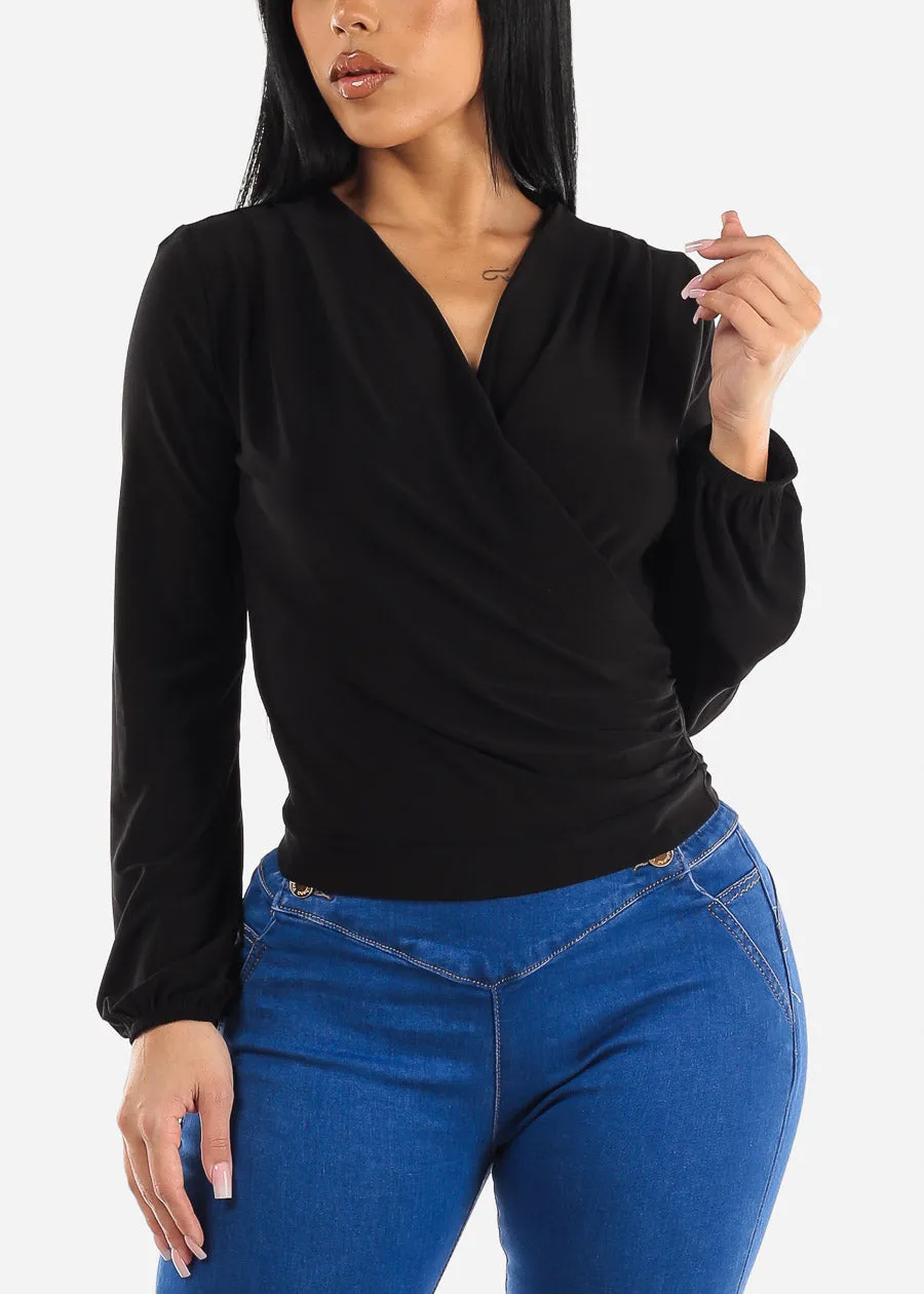 Surplice Long Sleeve Black Dressy Blouse sold by Moda