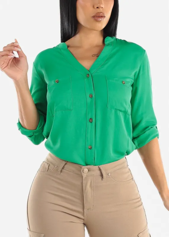 Vneck Long Sleeve Button Up Shirt Green sold by Moda