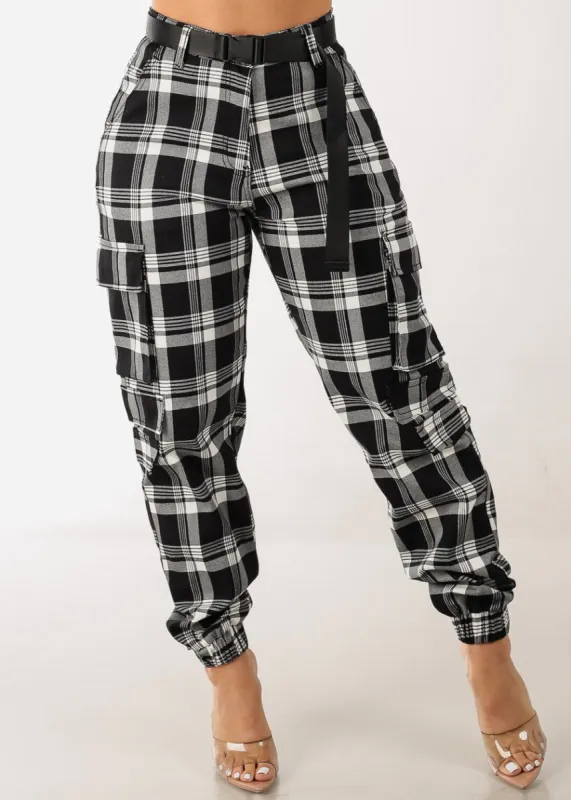 Belted High Waist Plaid Cargo Jogger Pants Black & White sold by Moda