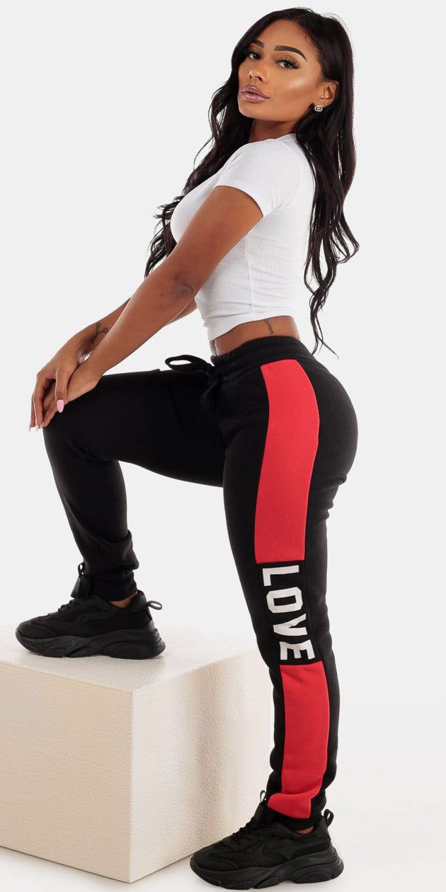 Black Fleece High Rise Sweatpants with White Ribbed Short Sleeve Crop Top sold by Moda