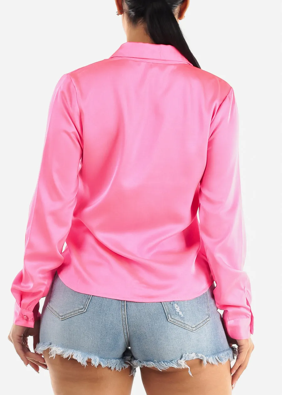 Long Sleeve Satin Button Up Collared Blouse Bright Pink sold by Moda product image thumbnail 4