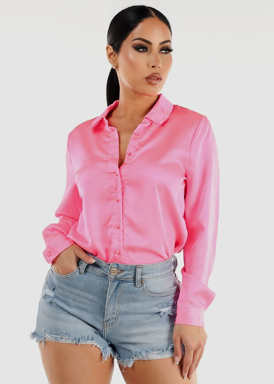 Long Sleeve Satin Button Up Collared Blouse Bright Pink sold by Moda