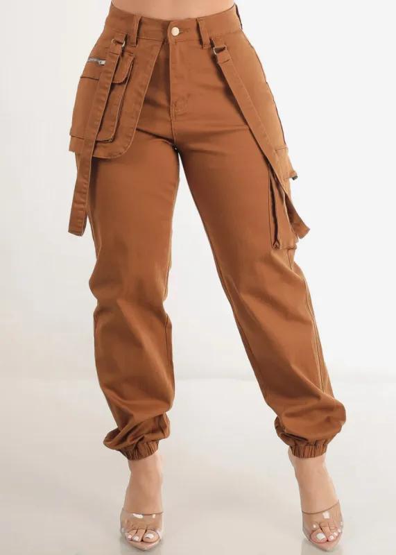 High Waisted Cargo Jogger Pants Timber w Straps sold by Moda