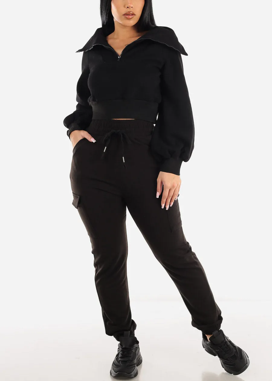 Fleece Half Zip Up Black Cropped Pullover sold by Moda product image thumbnail 2