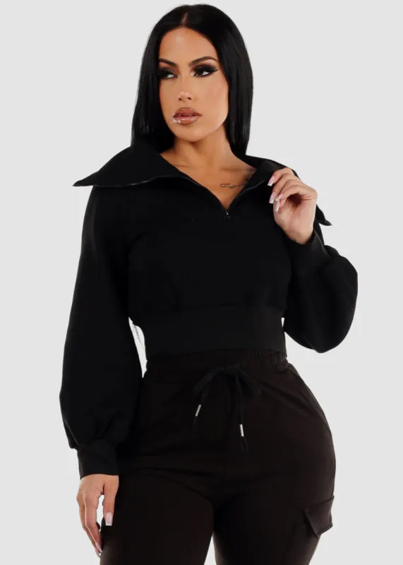 Fleece Half Zip Up Black Cropped Pullover sold by Moda