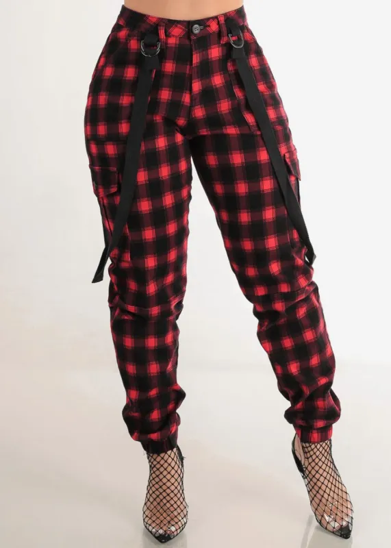 High Waist Red Plaid Cargo Jogger Pants w Straps sold by Moda