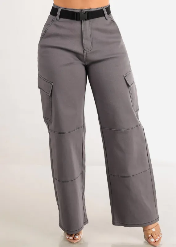 High Waist Straight Wide Leg Cargo Pants Charcoal sold by Moda
