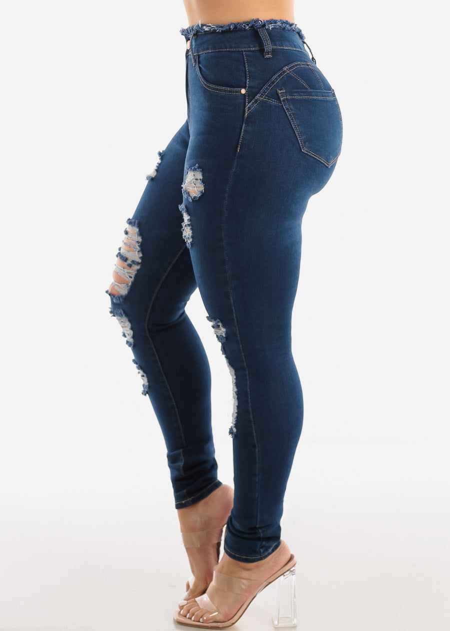 Super High Waist Butt Lift Ripped Dark Skinny Jeans sold by Moda