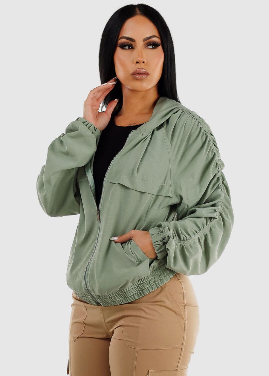 Ruched Long Sleeve Zip Up Jacket Sage sold by Moda