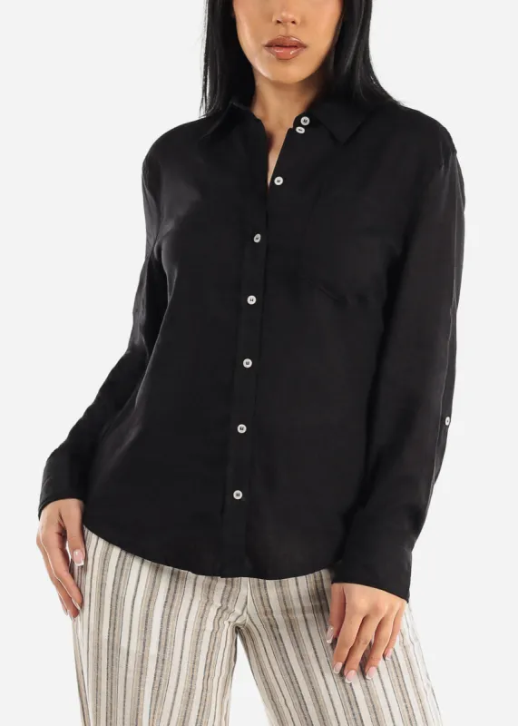 Black Linen Long Sleeve Button Up Shirt sold by Moda
