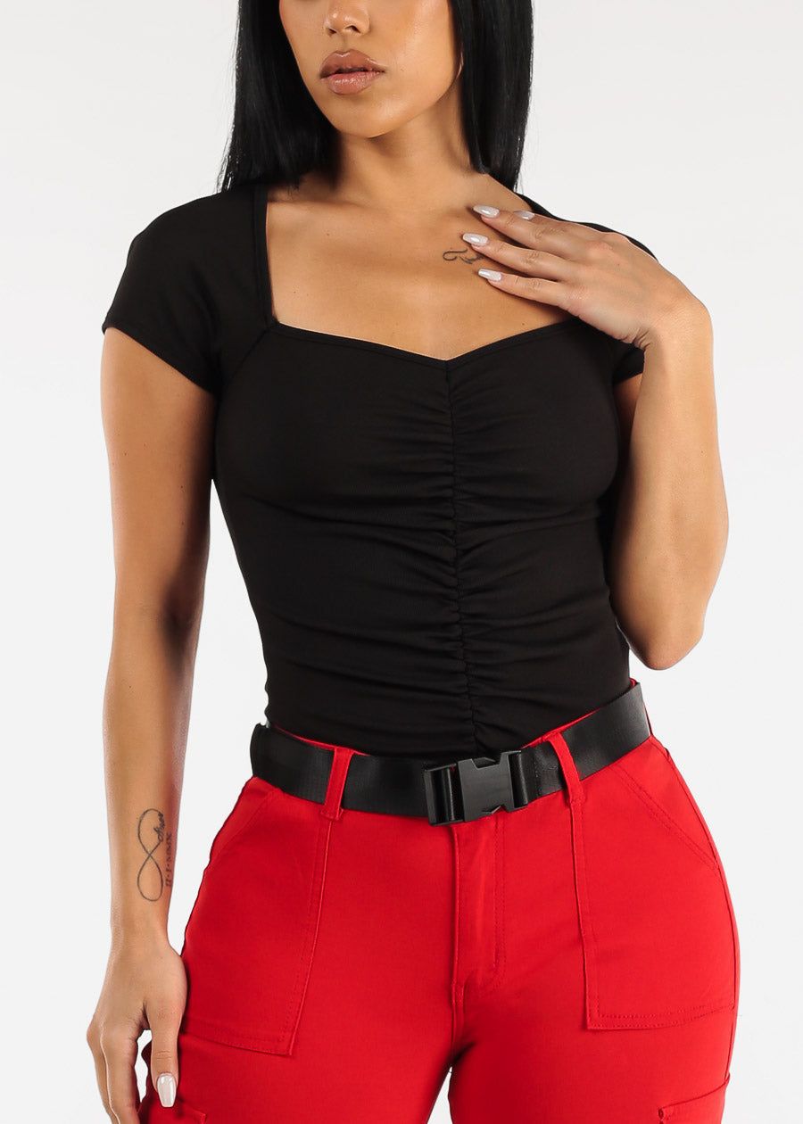 Black Short Sleeve Vneck Ruched Top sold by Moda