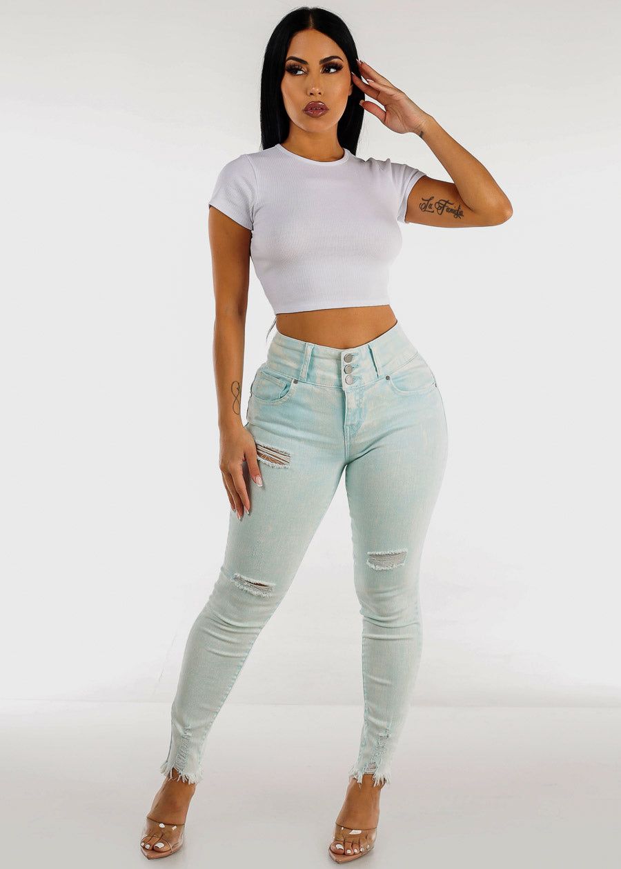 Butt Lifting Acid Wash Distressed Skinny Jeans Light Blue sold by Moda product image thumbnail 2