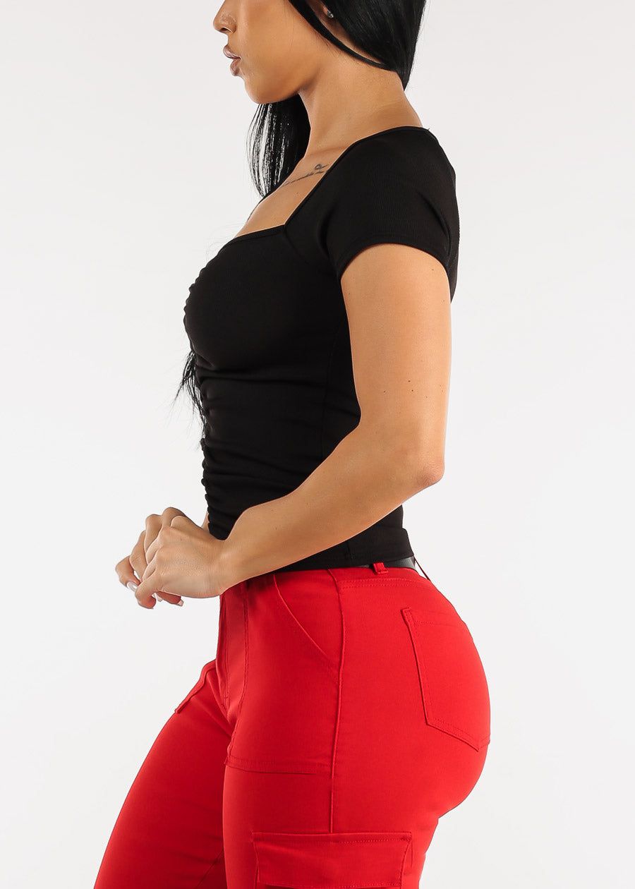 Black Short Sleeve Vneck Ruched Top sold by Moda product image thumbnail 3