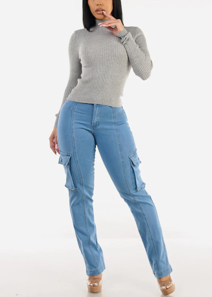 Long Sleeve Mock Neck Ribbed Sweater Grey sold by Moda product image thumbnail 2