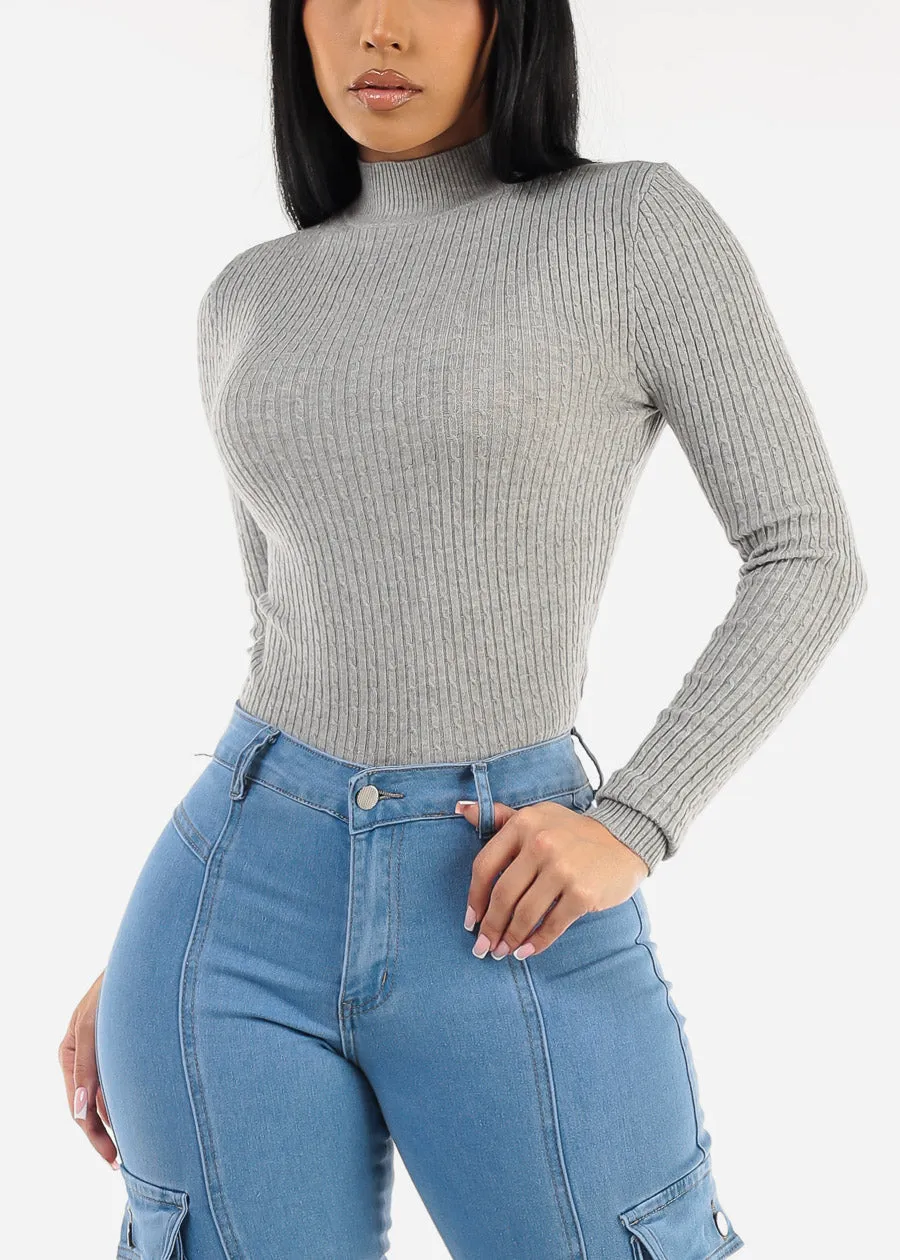 Long Sleeve Mock Neck Ribbed Sweater Grey sold by Moda