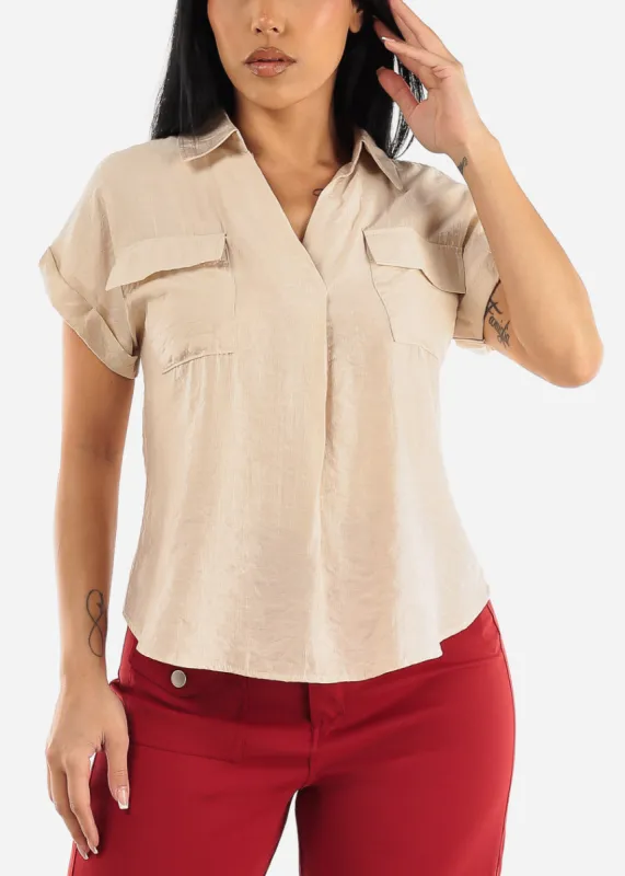 Short Sleeve Round Hem Collared Blouse Light Khaki w Pockets sold by Moda